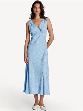 RIXO Blue Floral Satin V-Neck Wedding Guest Dress